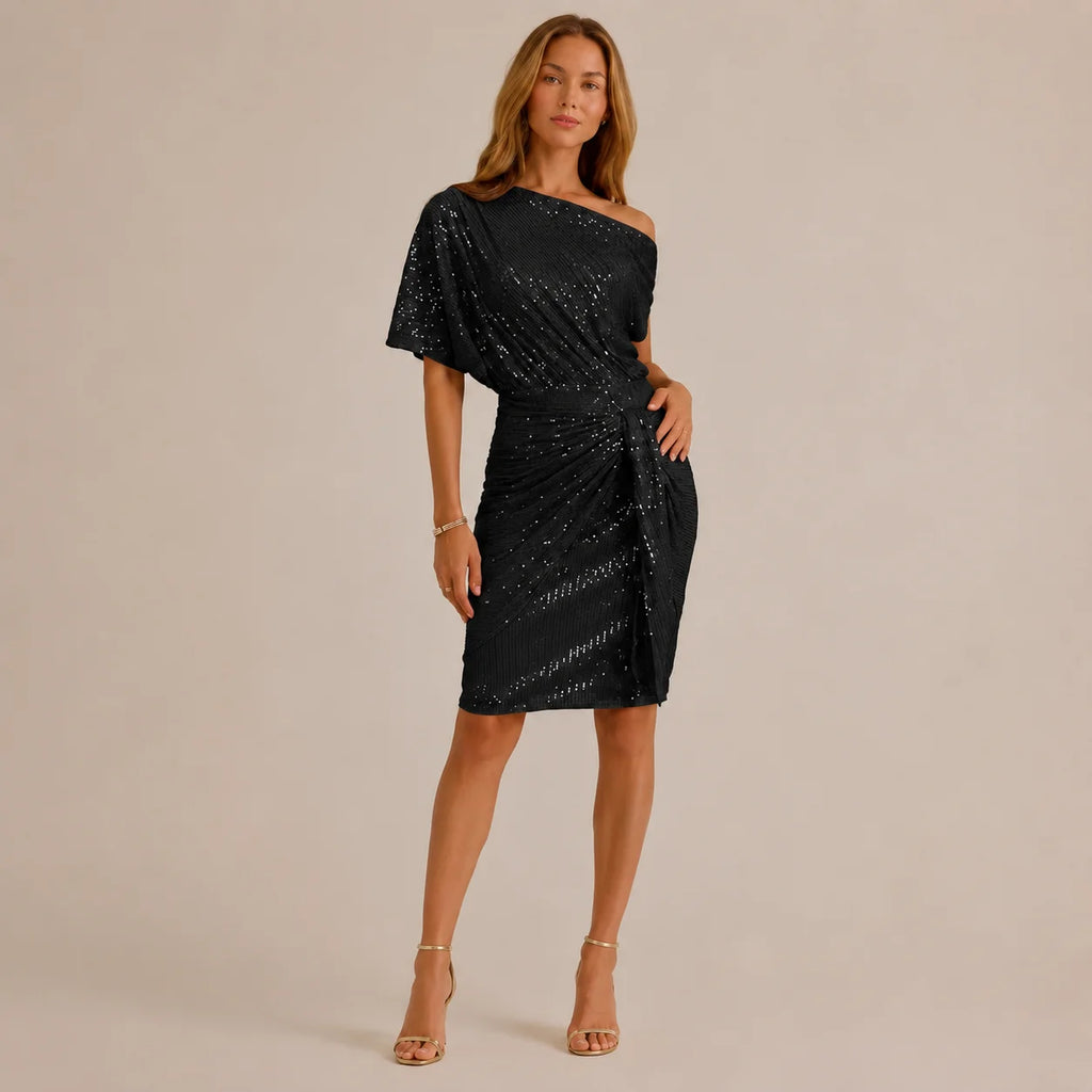 One Shoulder Sequin Ruched Cocktail Dress – Evening Party Glam | Oyese