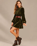 Velvet Lace Yoke Long Puff Sleeve Babydoll Mini Dress | Oyese