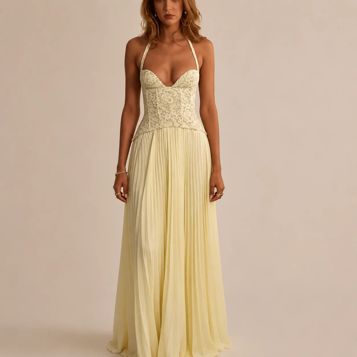 Lace Corset Halter Maxi Dress – Pleated A-Line Backless Formal Gown | Oyese
