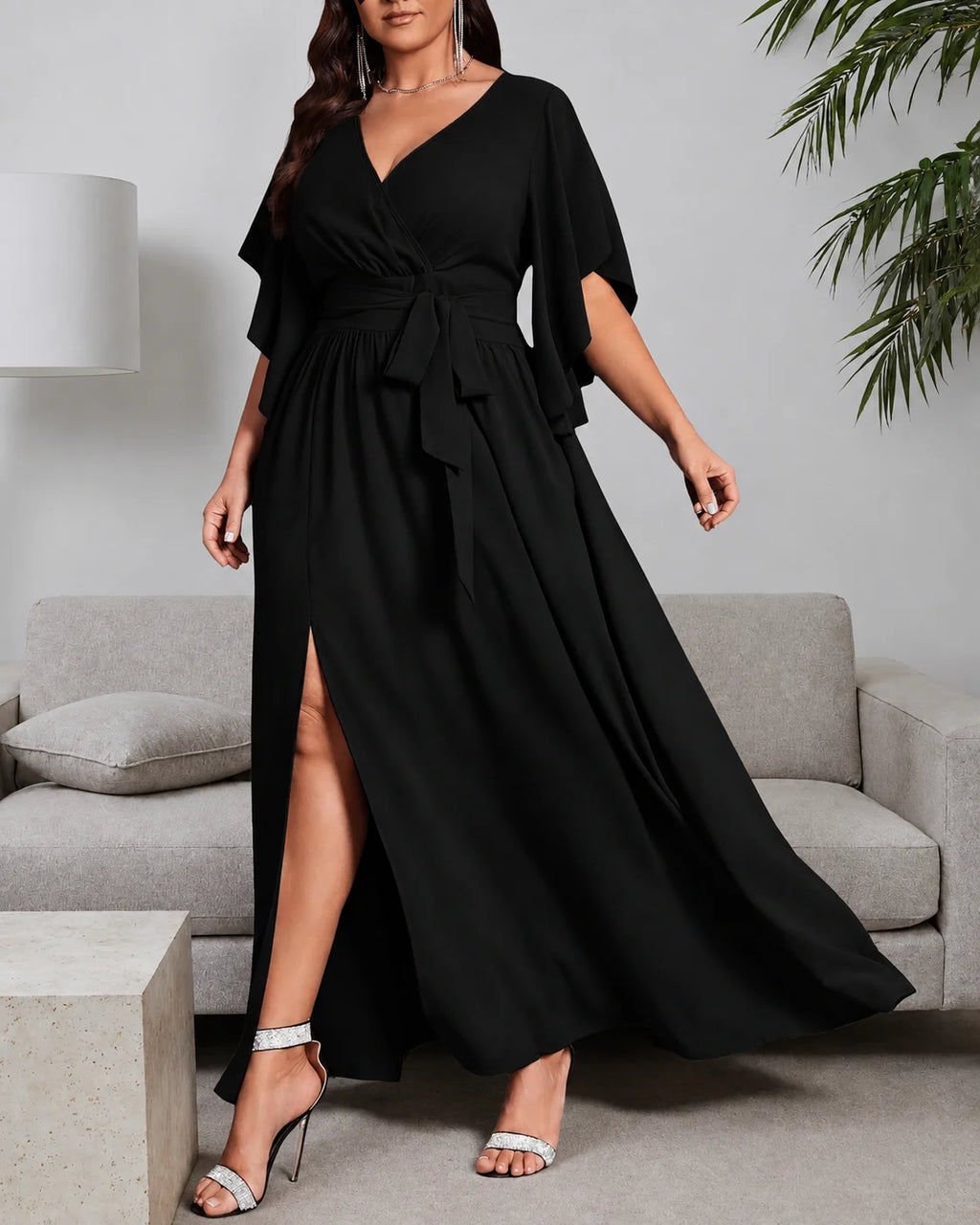 Plus Size Wrap V-Neck Flutter Sleeve Slit Maxi Dress | Oyese