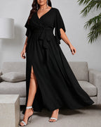 Plus Size Wrap V-Neck Flutter Sleeve Slit Maxi Dress | Oyese