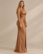 Shimmer Wrap V Neck Long Sleeve Maxi Dress – High Slit Evening Gown | Oyese