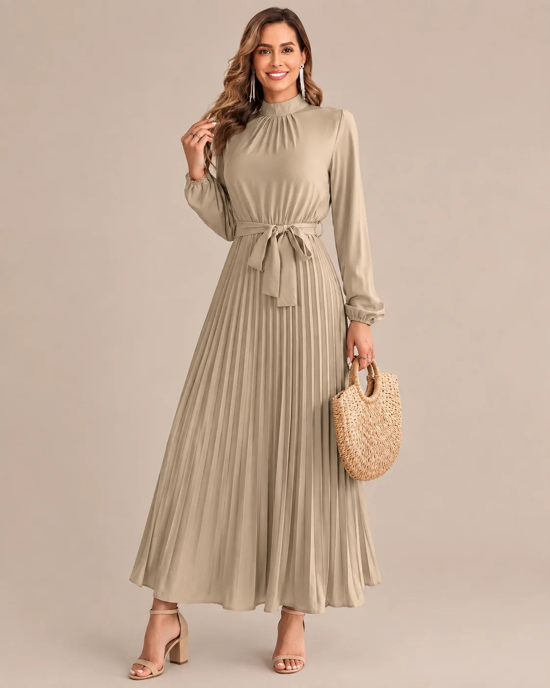 Ruffled Mock Neck Belted Pleated Midi Dress | Oyese