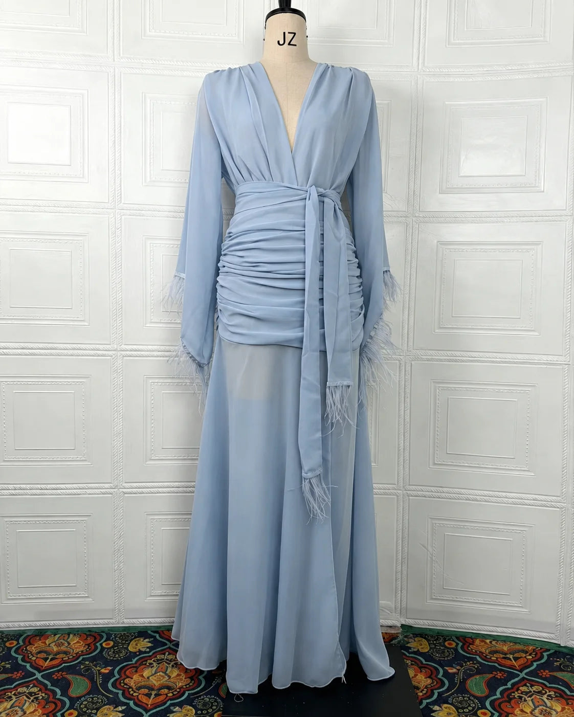 Deep V Long Sleeve Feather Cuff Maxi Dress with Slit | Oyese