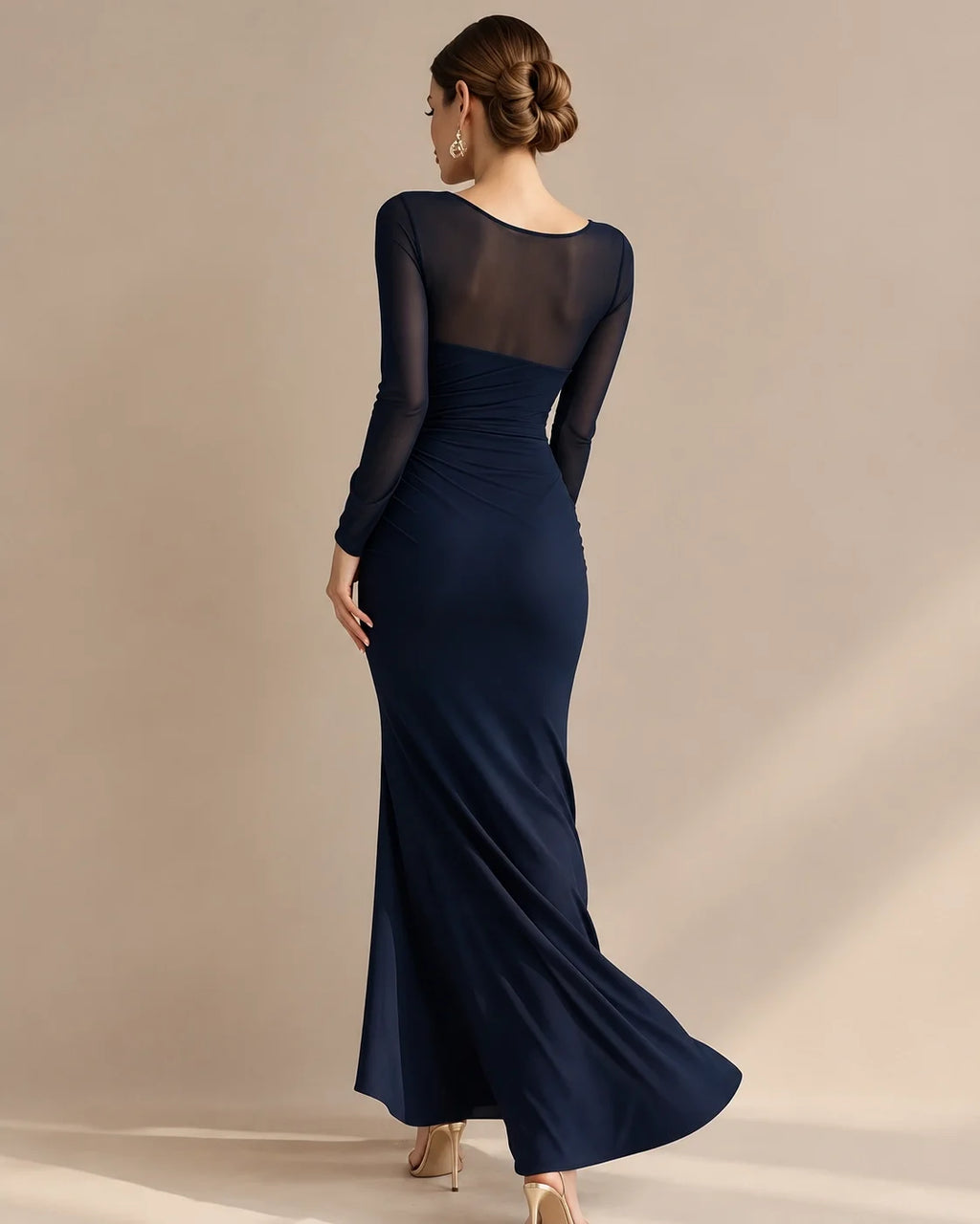 Illusion Neckline Sheer Sleeve Side Ruched Maxi Dress with Slit | Oyese