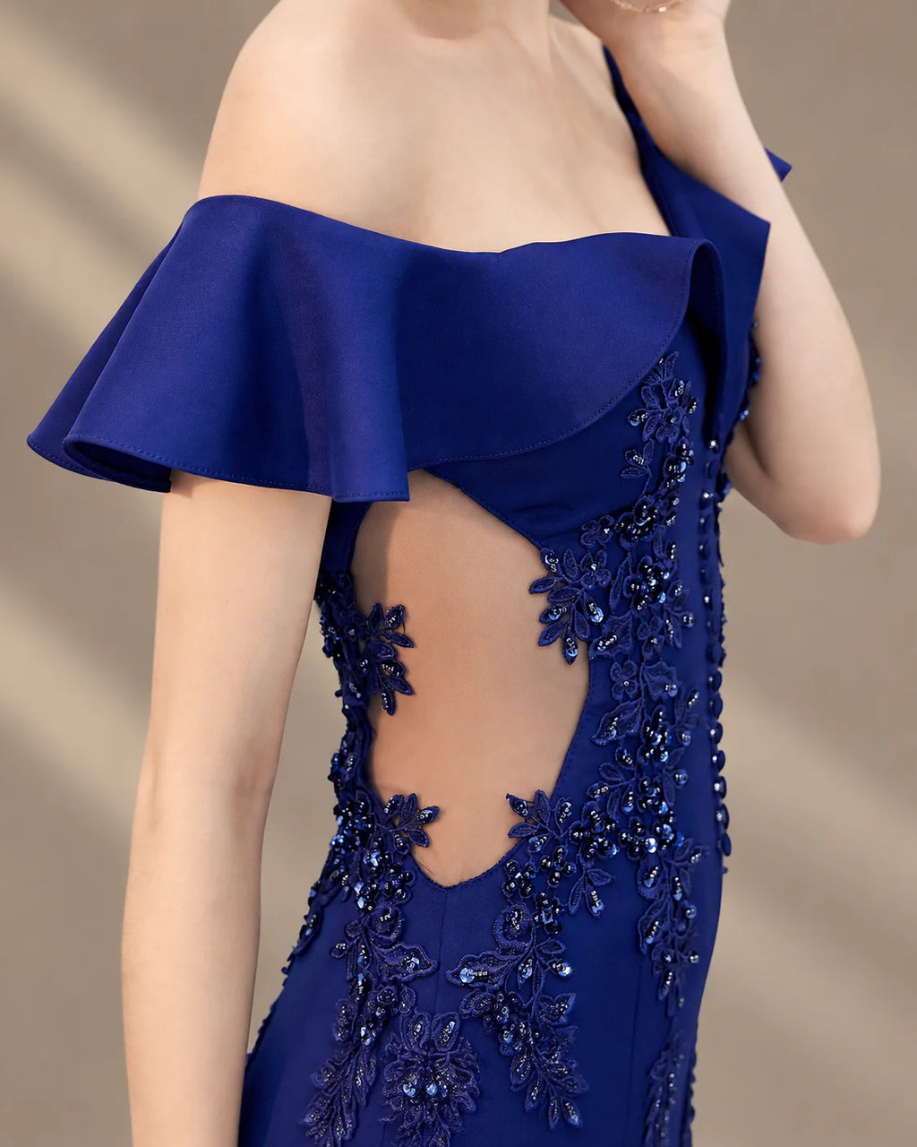 Off-Shoulder Ruffle Sleeve Beaded Mermaid Evening Gown | Oyese