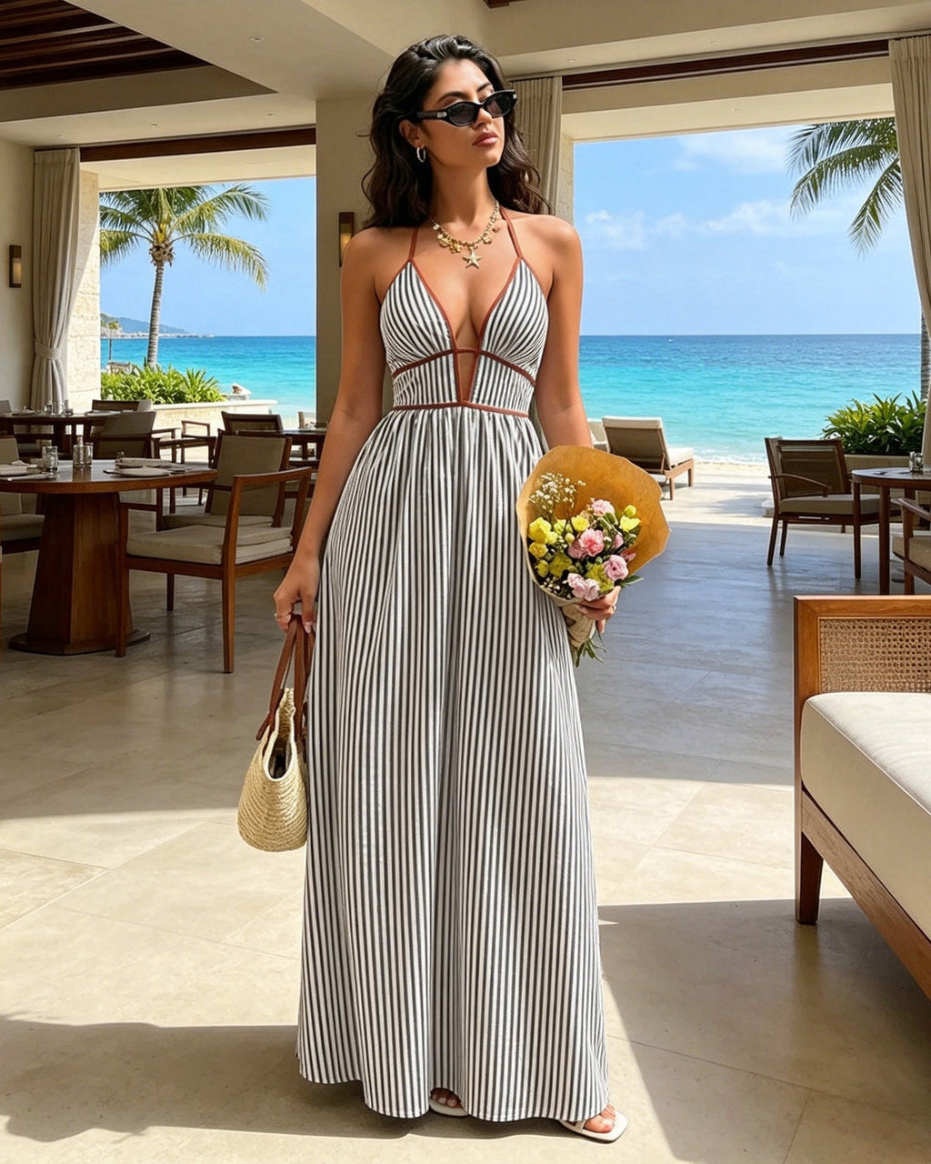 A woman stands in a resort lounge by the ocean wearing a sleeveless, floor-length maxi dress with vertical navy and white stripes, a plunging V-neckline, and a fitted waist. She holds a straw bag and a bouquet of flowers, with the beach and turquoise water visible behind her.