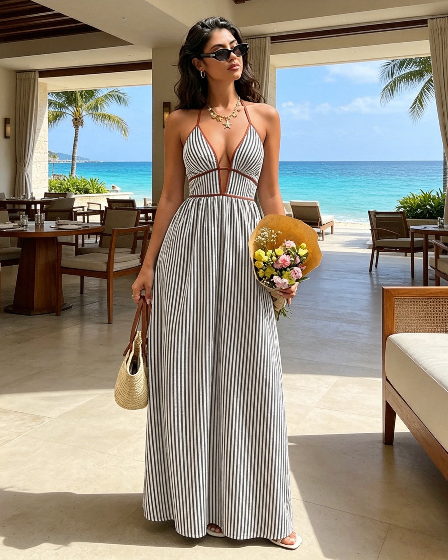 A woman stands in a resort lounge by the ocean wearing a sleeveless, floor-length maxi dress with vertical navy and white stripes, a plunging V-neckline, and a fitted waist. She holds a straw bag and a bouquet of flowers, with the beach and turquoise water visible behind her.