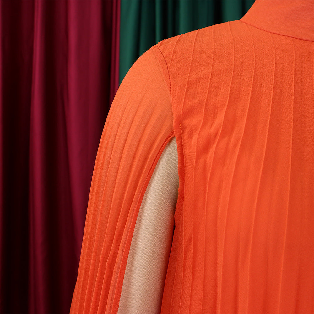 Mock Neck Pleated Chiffon Cape Shift Dress | Oyese