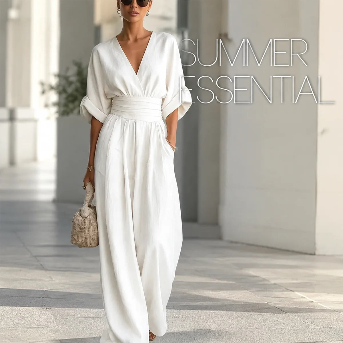 Women's Elegant V-Neck Wide-Leg Jumpsuit