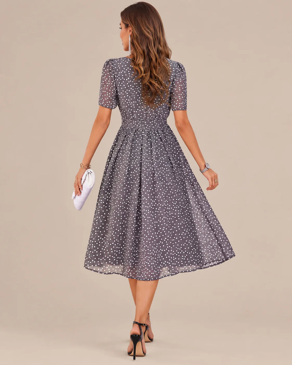 Polka Dot Tie Waist Fit-and-Flare Midi Dress | Oyese
