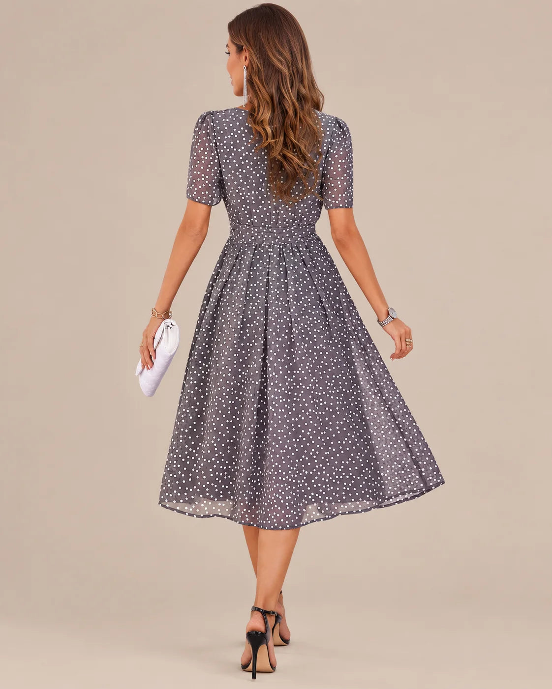 Polka Dot Tie Waist Fit-and-Flare Midi Dress | Oyese