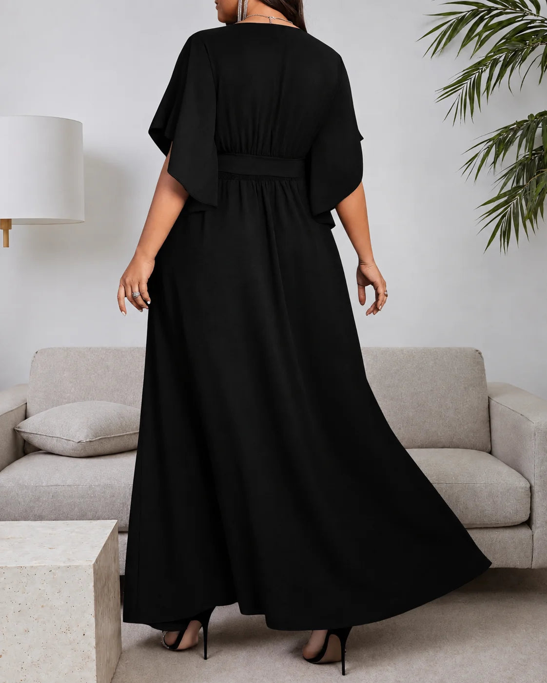 Plus Size Wrap V-Neck Flutter Sleeve Slit Maxi Dress | Oyese