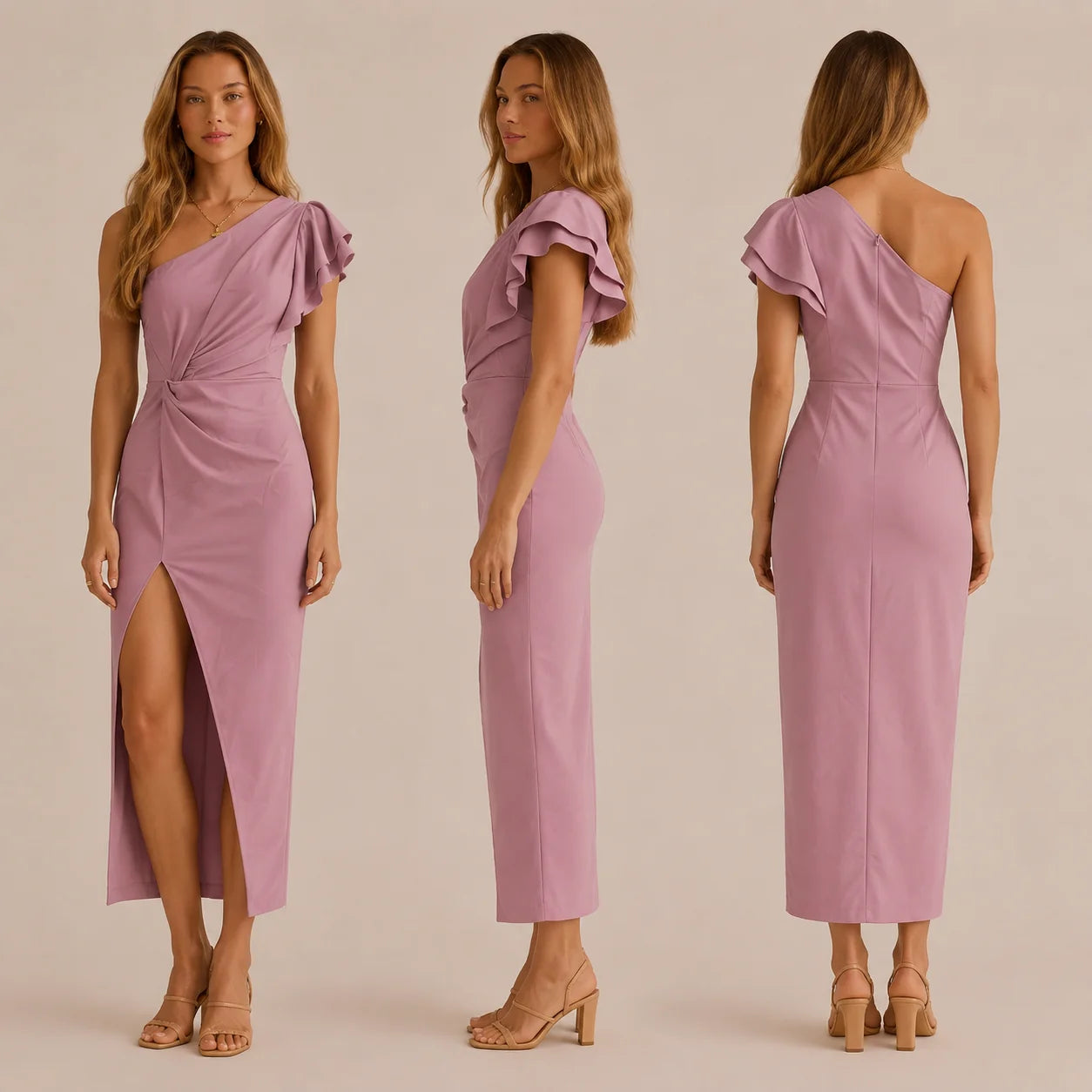 One Shoulder Ruffle Sleeve Cutout Maxi Dress – High Slit Formal Gown | Oyese
