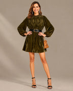 Velvet Lace Yoke Long Puff Sleeve Babydoll Mini Dress | Oyese