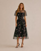 Embroidered Mesh Flutter Sleeve Midi Dress – Vintage Floral A-Line Gown | Oyese