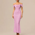 Off-Shoulder Ruched Mesh Bodycon Maxi Dress – Mermaid Evening Gown | Oyese