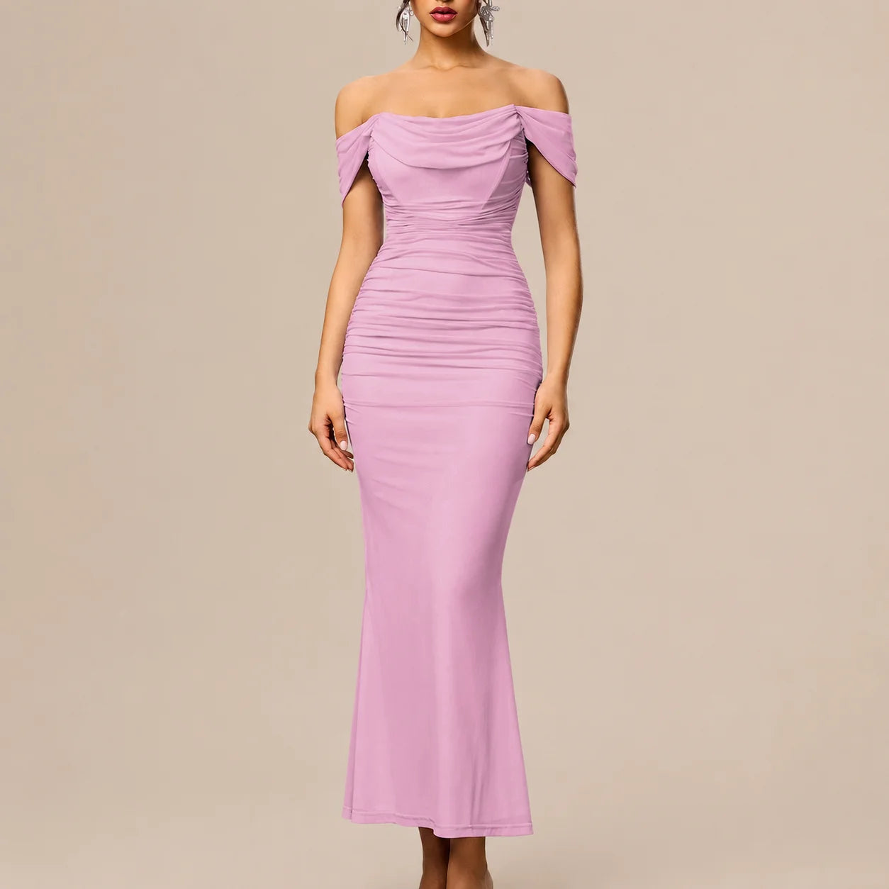 Off-Shoulder Ruched Mesh Bodycon Maxi Dress – Mermaid Evening Gown | Oyese