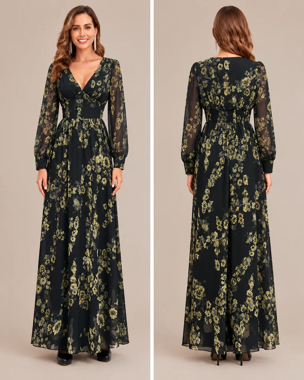 Floral V-Neck Puff Sleeve Smocked Maxi Dress | Oyese