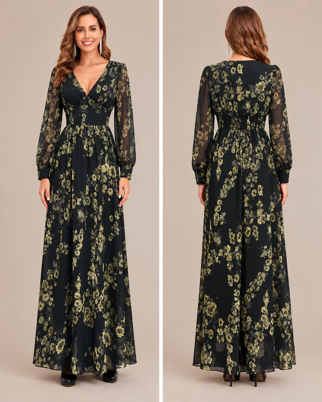 Floral V-Neck Puff Sleeve Smocked Maxi Dress | Oyese