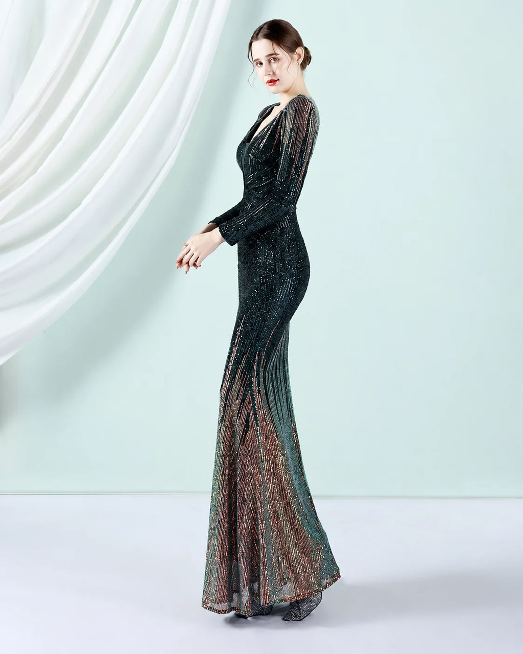 Deep V Long Sleeve Ombre Sequin Mermaid Evening Gown | Oyese