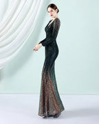 Deep V Long Sleeve Ombre Sequin Mermaid Evening Gown | Oyese