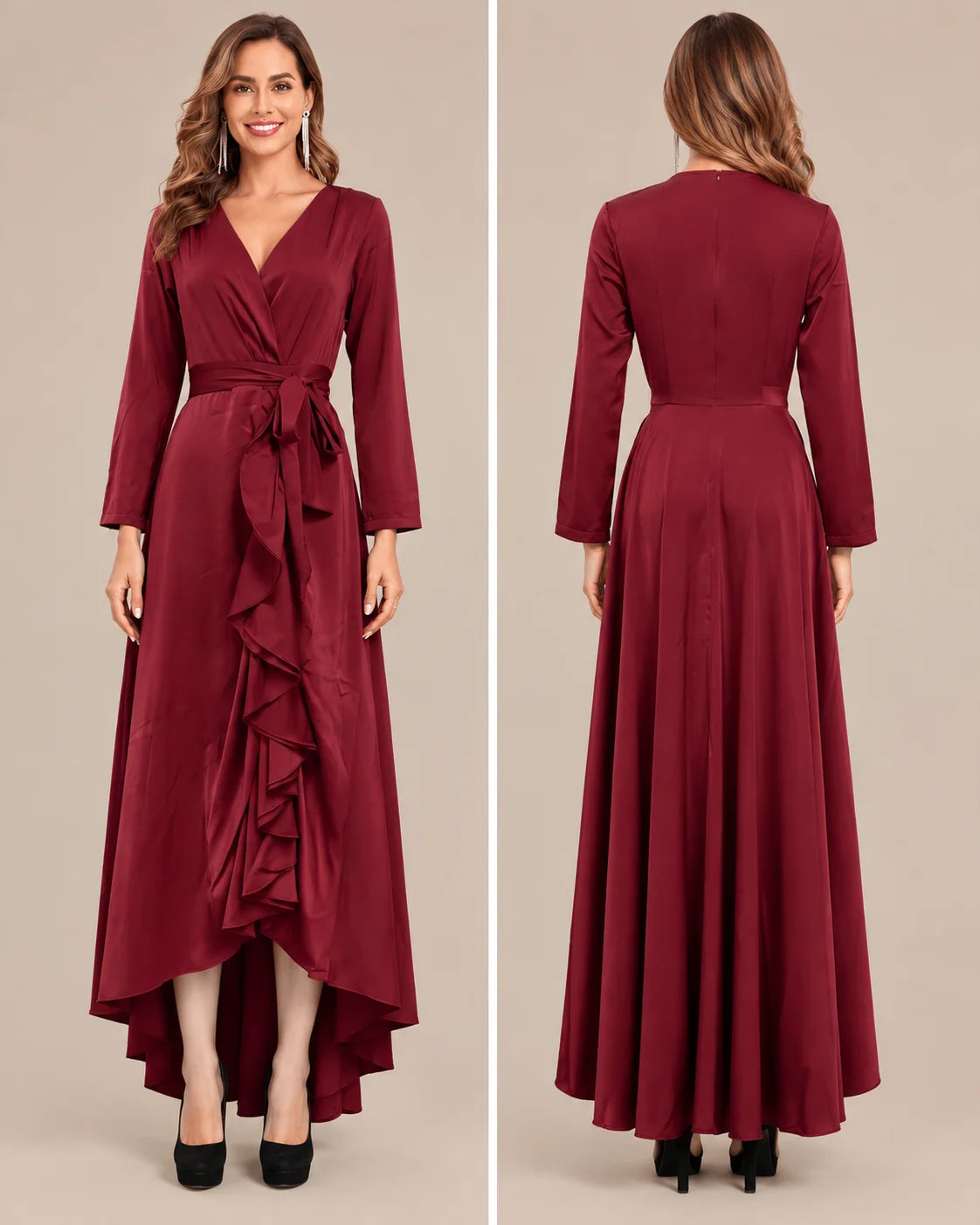 V-Neck Wrap Belted Satin High-Low Ruffle Dress | Oyese