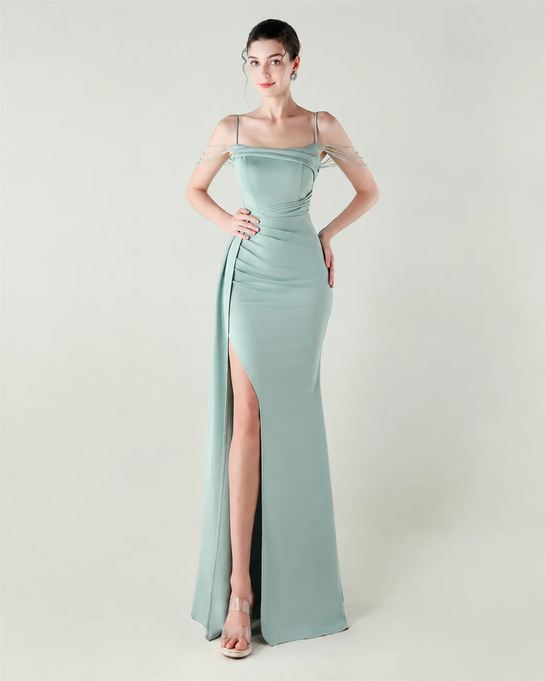 Strapless Beaded Chain Strap Ruched Mermaid Gown | Oyese