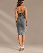 Scoop Neck Washed Denim Bodycon Midi Dress with Slit | Oyese