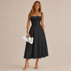 Square Neck Tie Front A-Line Midi Dress – Floral & Solid Summer Dress | Oyese