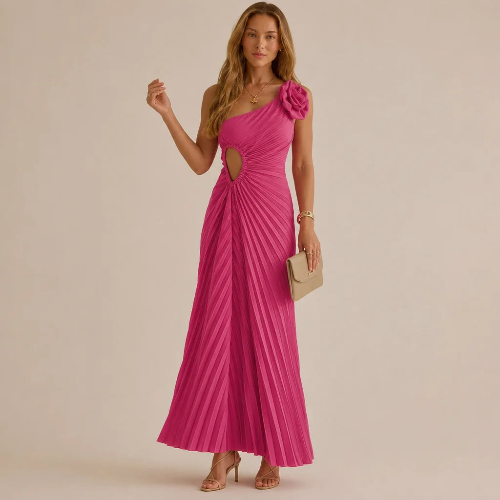 One Shoulder Rosette Pleated Maxi Dress – Cutout Waist Formal Gown | Oyese