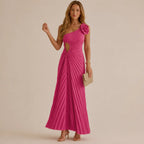 One Shoulder Rosette Pleated Maxi Dress – Cutout Waist Formal Gown | Oyese