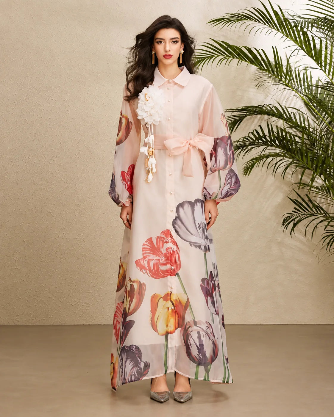 Vintage Floral Puff Sleeve Belted Maxi Dress | Oyese