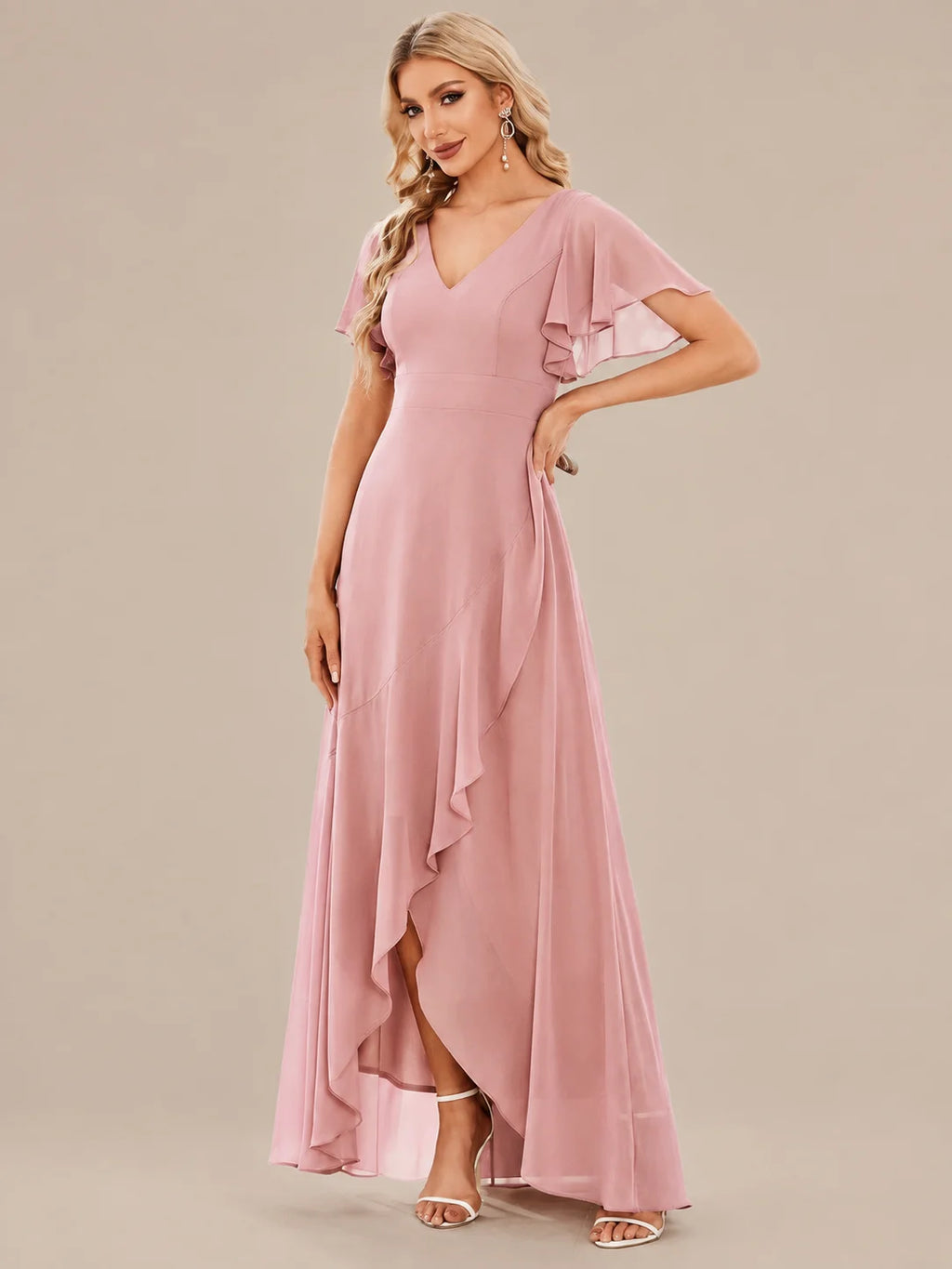 Double V-Neck Flutter Sleeve Flowy Slit Maxi Gown | Oyese