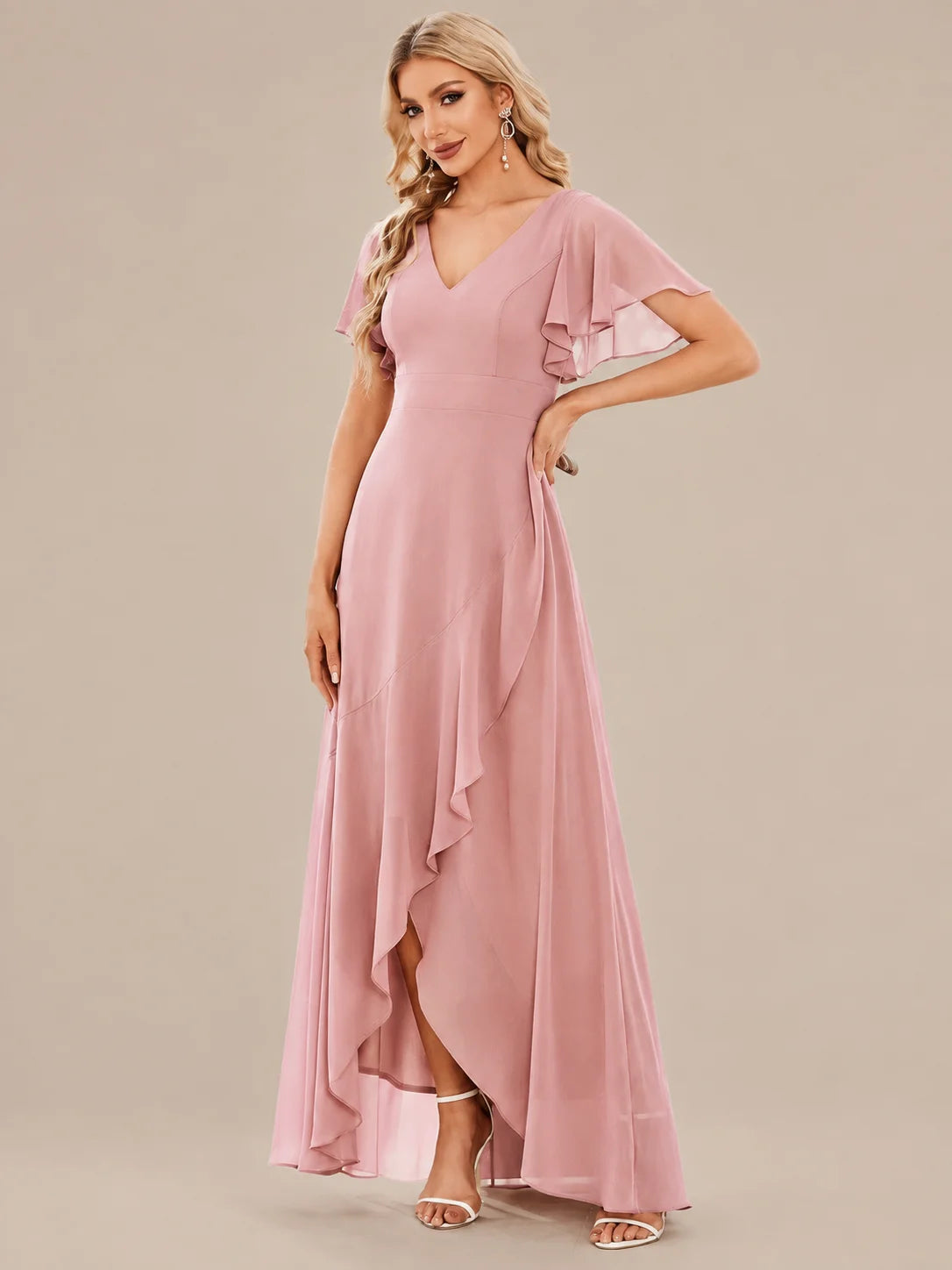 Double V-Neck Flutter Sleeve Flowy Slit Maxi Gown | Oyese