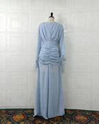 Deep V Long Sleeve Feather Cuff Maxi Dress with Slit | Oyese