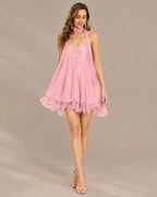 Chiffon Cami Mini Dress with Neck Scarf – Loose Ruffle Hem Party Dress | Oyese