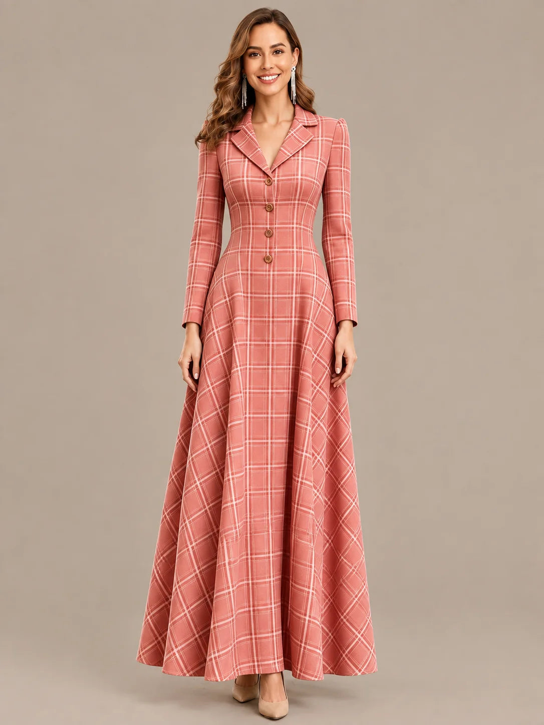 Notched Lapel Plaid Button Front A-Line Maxi Dress | Oyese