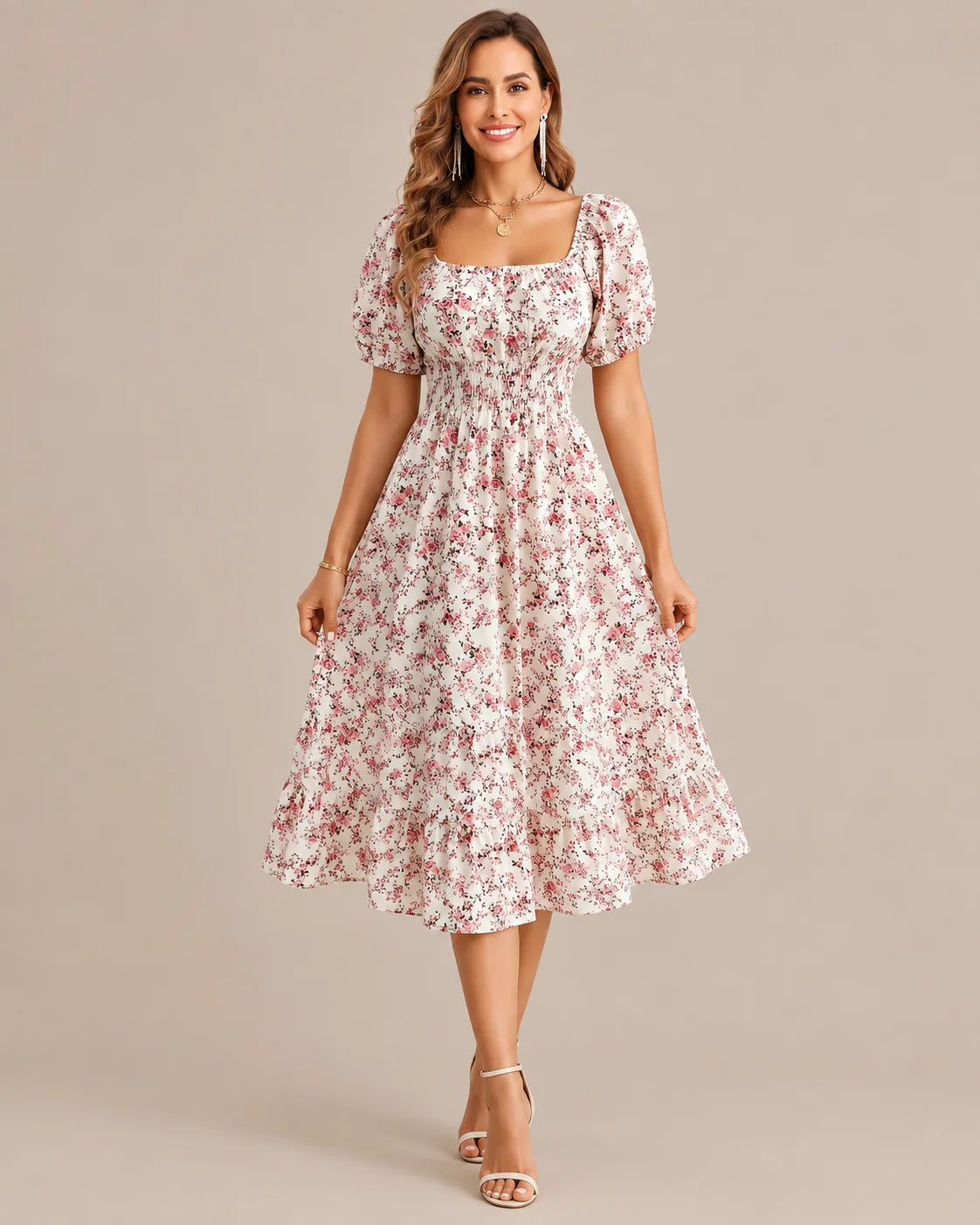 Off-Shoulder Floral Puff Sleeve Ruffle A-Line Dress | Oyese