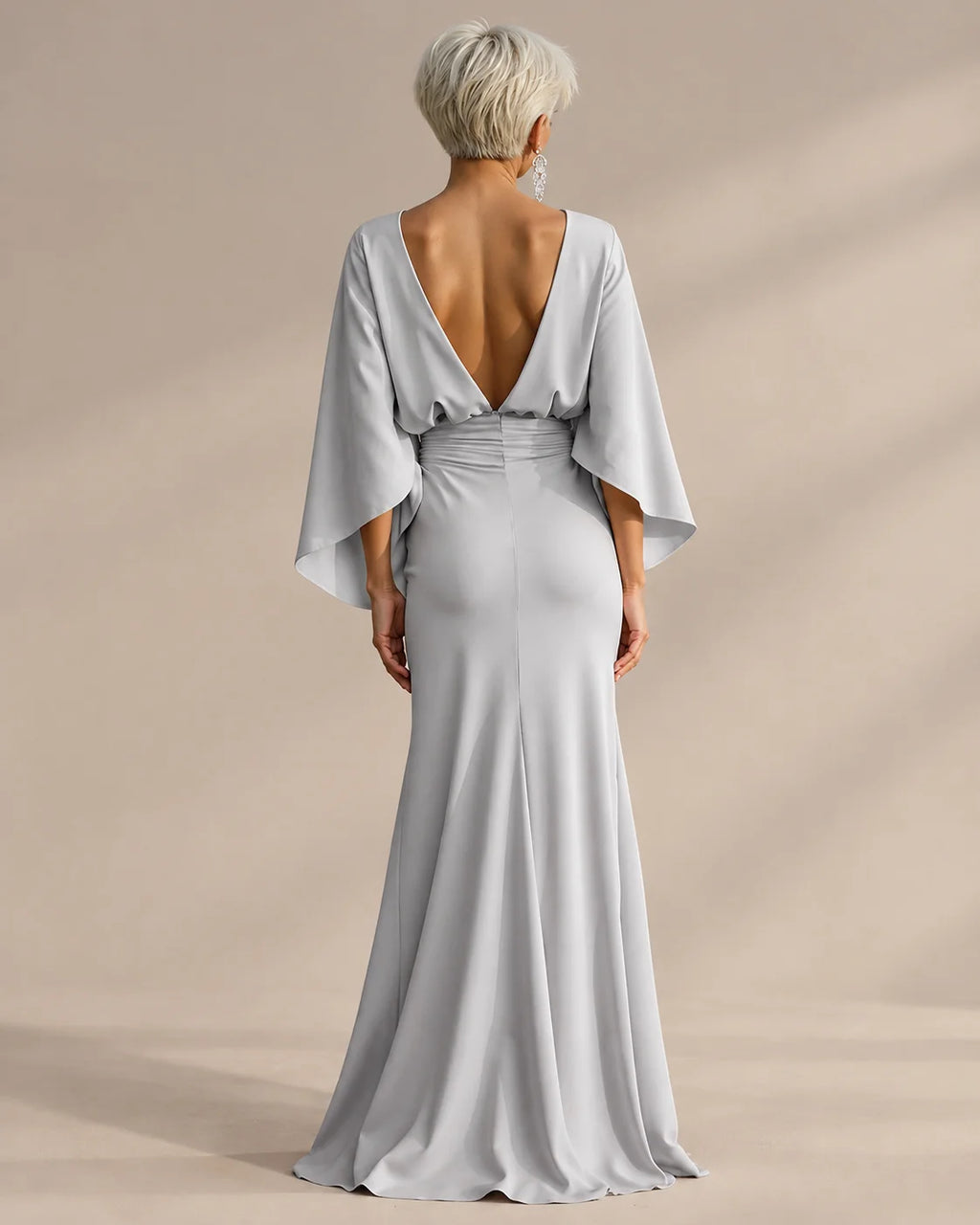 Satin Batwing Sleeve Maxi Dress with Pockets – Ruched Mermaid Evening Gown | Oyese