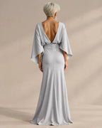 Satin Batwing Sleeve Maxi Dress with Pockets – Ruched Mermaid Evening Gown | Oyese