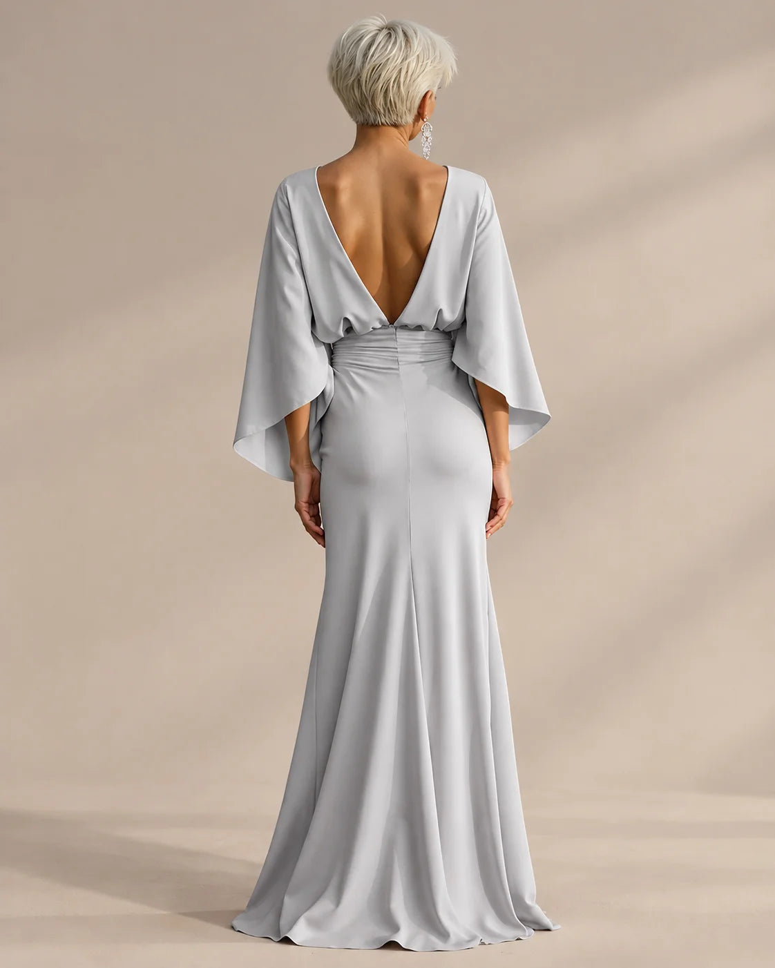 Satin Batwing Sleeve Maxi Dress with Pockets – Ruched Mermaid Evening Gown | Oyese