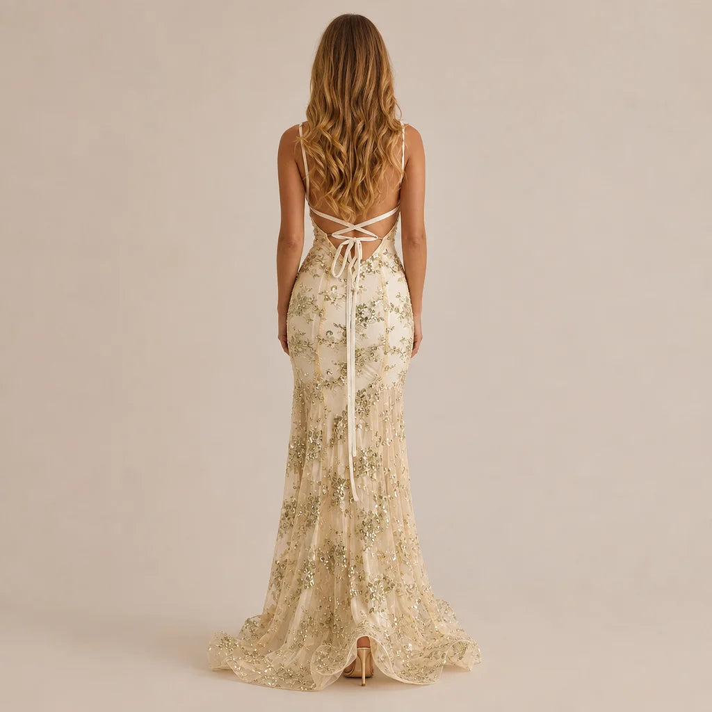 V-Neck Sequin Lace-Up Backless Mermaid Gown – Sparkly Prom Dress | Oyese
