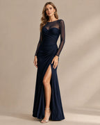 Illusion Neckline Sheer Sleeve Side Ruched Maxi Dress with Slit | Oyese