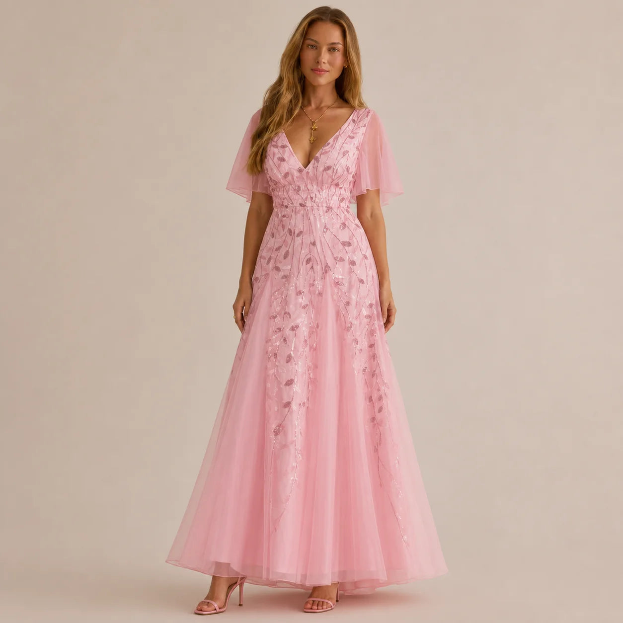 Deep V-Neck Sequin Tulle A-Line Gown – Flutter Sleeve Formal Evening Dress | Oyese