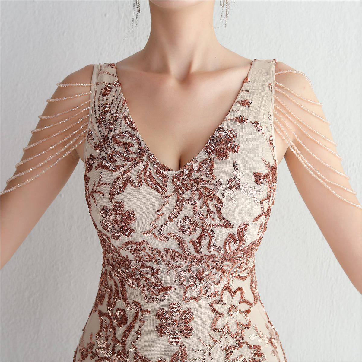 V-Neck Floral Sequin Embroidered Mermaid Evening Gown | Oyese