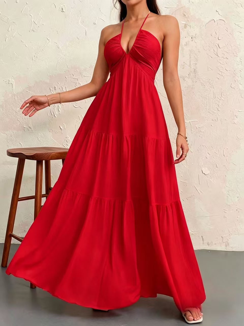 Halter Deep V-Neck Tiered Maxi Dress – Flowy Vacation Beach Dress | Oyese