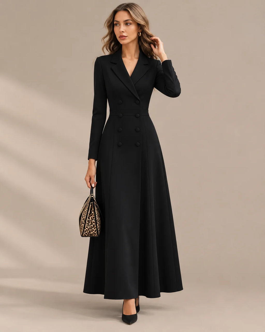 Double-Breasted Long Sleeve Fit and Flare Blazer Maxi Dress | Oyese