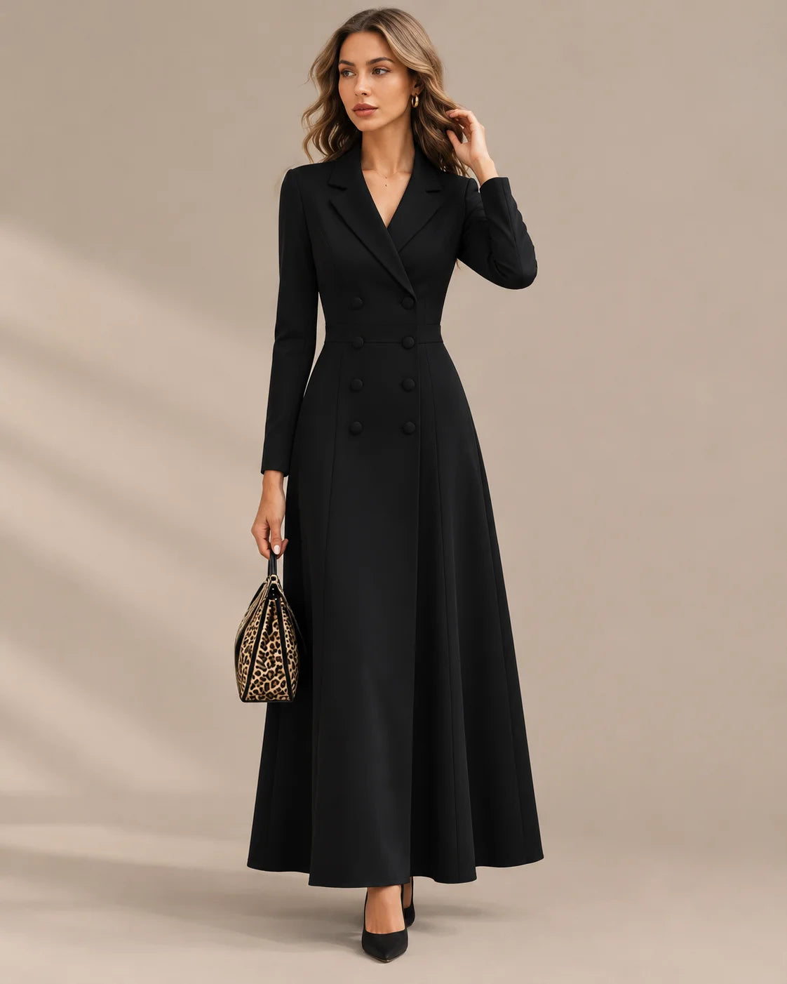 Double-Breasted Long Sleeve Fit and Flare Blazer Maxi Dress | Oyese