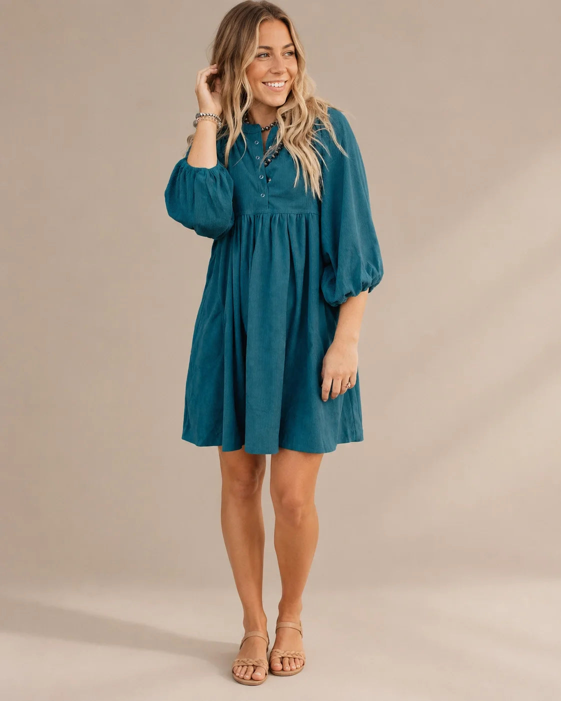 Snap Front Corduroy Puff Sleeve Mini Dress | Oyese